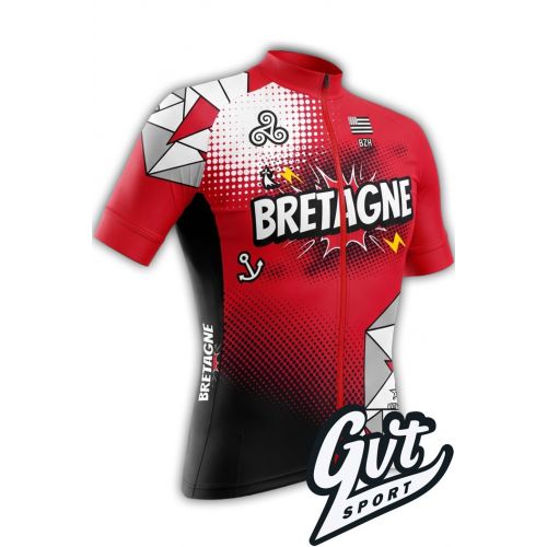 La photo représente le maillot cycliste Gvt Sport Breizh Rider de couleurs rouge et noir. 
Sur le maillot, le mot 