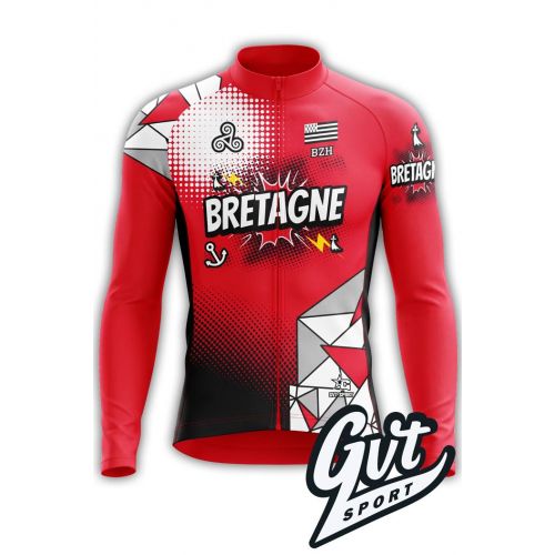 Photo de face d'un maillot de cyclisme manches longues de marque GVT Sport.  
Sur le torse principal rouge, le mot 