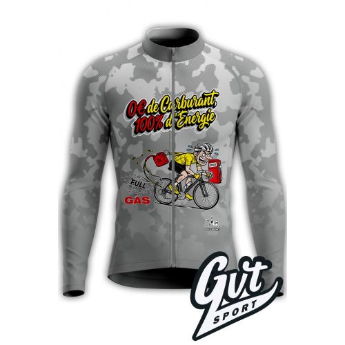 Photo de face d'un maillot de cyclisme à manches longues et zip intégral de la marque GVT Sport. Le maillot est gris avec un motif camouflage géométrique discret sur l'ensemble, y compris sur les manches. Le design graphique humoristique, de style bande d