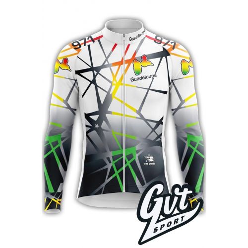 La photo présente un maillot de cyclisme à manches longues de couleur blanche, orné de motifs géométriques abstraits et de dégradés de couleurs jaune, vert, rouge et noir. 
Il arbore la carte et l'inscription 