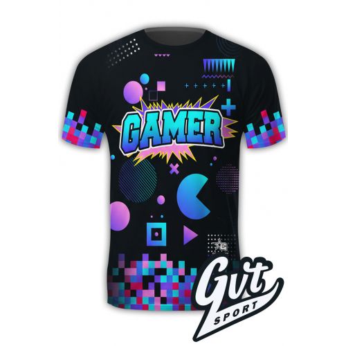 Tee-Shirt Gamer Néon Arcade & Noir est de couleurs noir avec des motifs rétro-gaming Arcade de couleurs néons.
Vue de devant, GAMER est écrit sur le torse, le visuel central est percutant avec un style comic-book percutant et des motifs stylisés aux coul