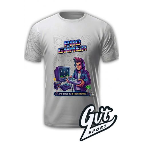 Tee-Shirt E-SPORT PRO RETROGAMING est de couleurs gris avec des motifs en reliefs 3D gris foncé.
Vue de devant, PRO GAMER est écrit sur le torse, le visuel central est percutant avec un personnage stylisé aux couleurs néons, manette rétro en main. En bas