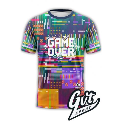 Tee-Shirt Gamer GVT Sport Glitch Game Over est coloré (néon, violet, vert, jaune) avec inscription centrale 