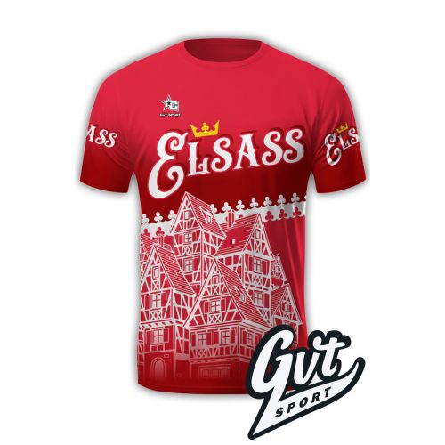 Maillot running GVT SPORT ELSASS est de couleurs rouge dégradé et blanc. Vue de devant, le design représente des maisons à Colombages, emblèmes de l'architecture alsacienne traditionnelle.
Le nom de la région en alsacien ELSASS est écrit sur le torse et 